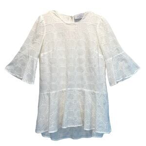 Pearl by Lela Rose White Cotton Eyelet Ruffle Bell Cuff Tunic Top size Small